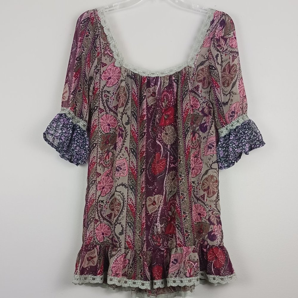 DAYTRIP| Boho Floral Paisley Print Lace Detail Sheer Peasant Blouse - Picture 7 of 8